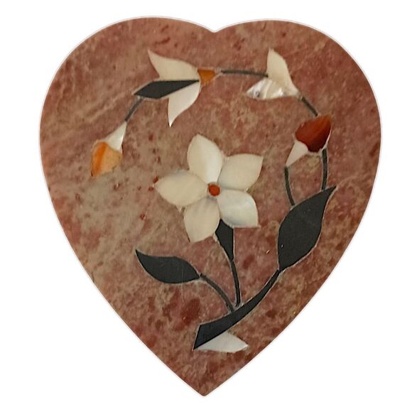 Soapstone Trinket Box Inlaid Mother of Pearl Floral Hand Carved Vintage Heart - Picture 10 of 16